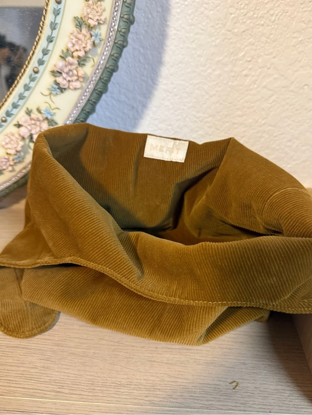 Merit Corduroy Knot Handle Cosmetic Pouch — Mustard